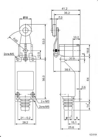 KZ-8104 выключатель концевой, рычаг с роликом. Чертеж.