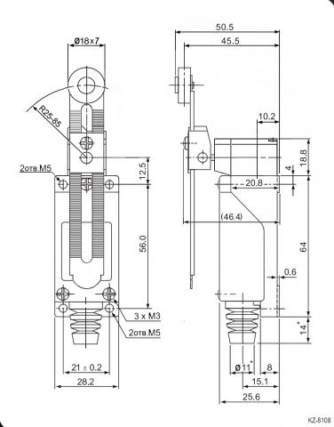 KZ-8108 выключатель концевой, регулируемый по длине рычаг с роликом	