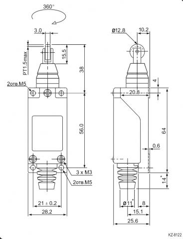 KZ-8122 выключатель концевой. Шток с роликом поперек. Чертеж.