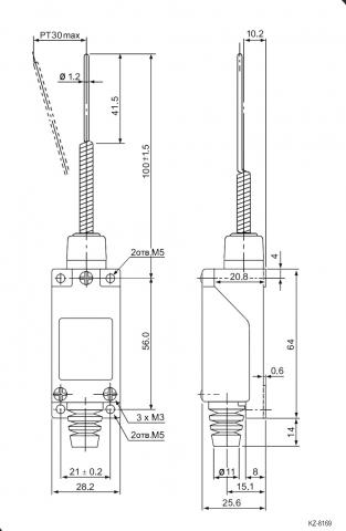 KZ-8169 выключатель концевой, "кошачий  ус". Чертеж.